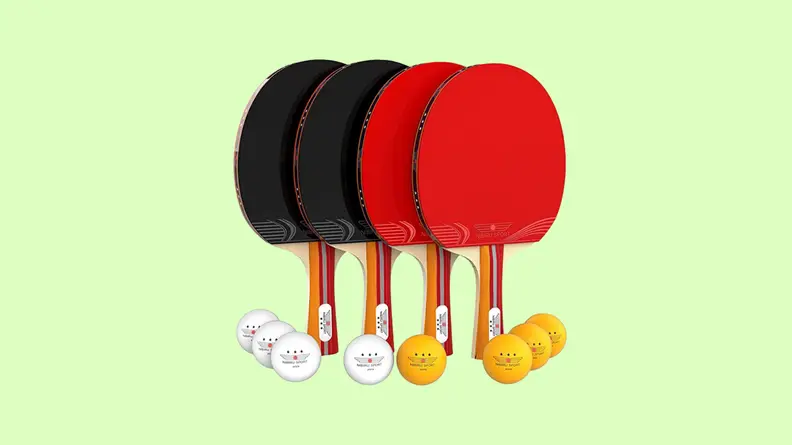 A Nibiru set of ping pong balls and paddles on a lime green background.