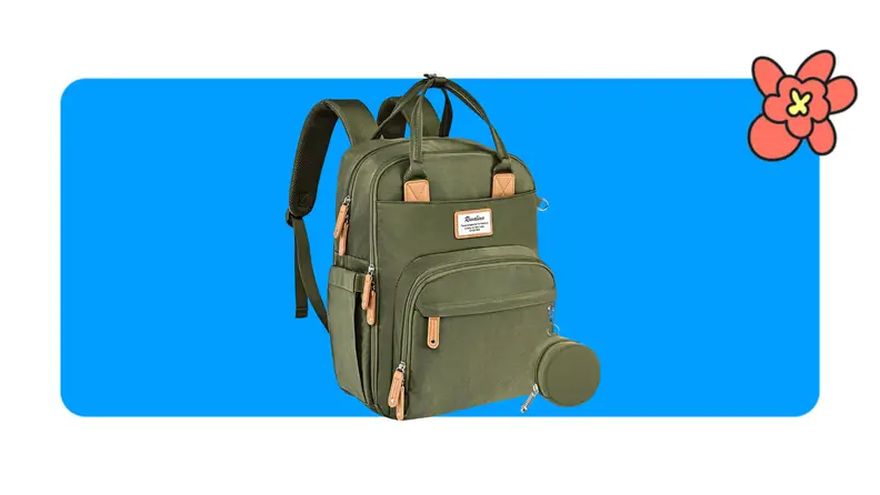 An olive green Ruvalino diaper backpack with a top handle in front of a blue background with a red cartoon flower in the corner.