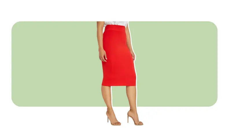 A model wearing a bright red neoprene pencil skirt.