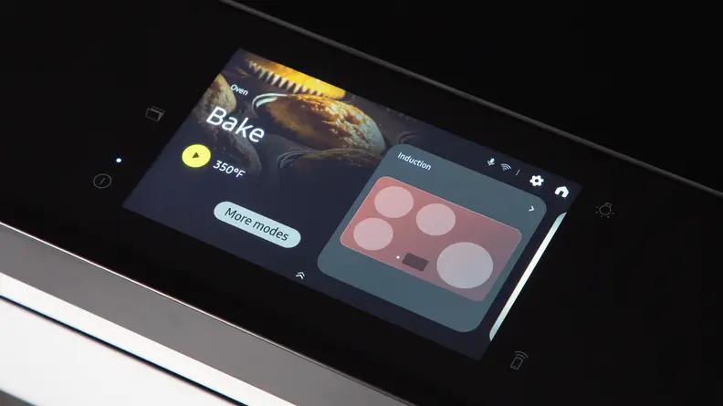 The touchscreen control panel on Samsung Bespoke NSI6DB990012AA Induction Range showing the burner layout and baking function.