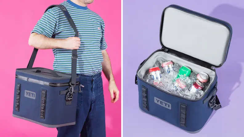 A person holding the Yeti Flip 18 soft cooler next to a photo of the Yeti Flip 18 filled with drinks
