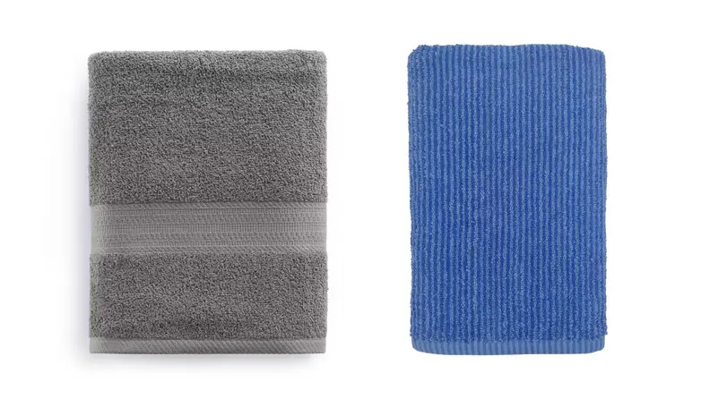 Gray and blue The Big One towels on a white backdrop
