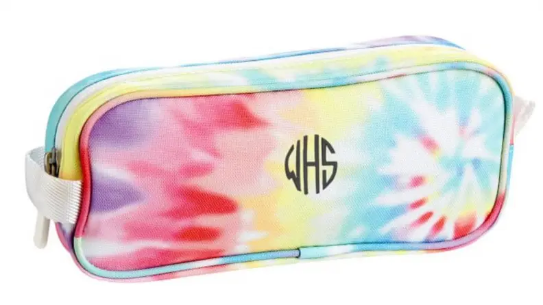 Multi-colored tie-dye pencil pouch with three letter monogram on front.