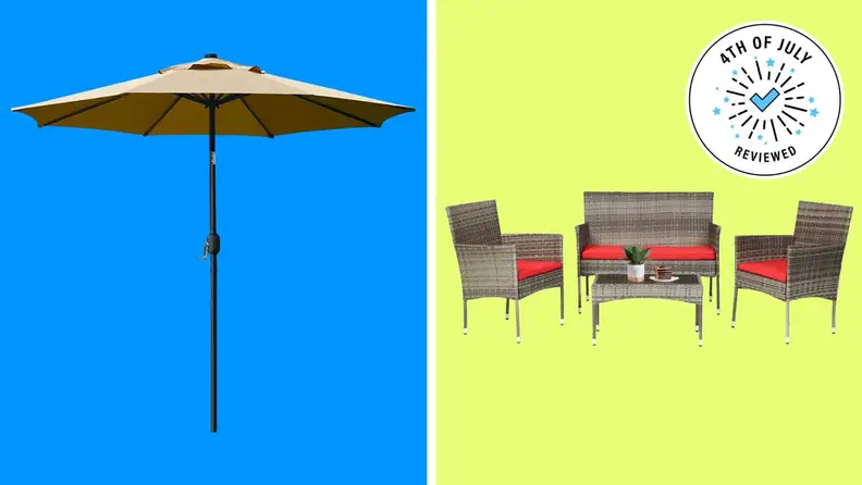 Patio umbrella and chairs.