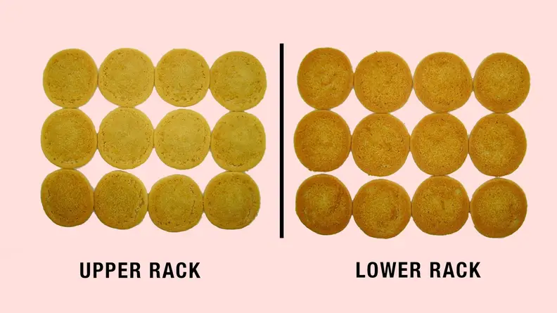 Two sets of baked cookies showing the results of different racks.