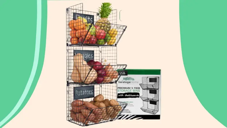 Saratoga Home's 3-tier shelf on green and beige background.