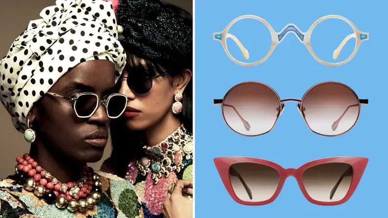 Two models wearing sunglasses with very elaborate outfits and jewelry, and also three product photos of three pairs of glasses.