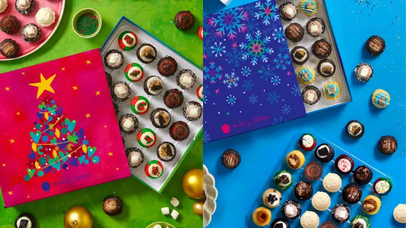 Two images of holiday cupcake boxes.