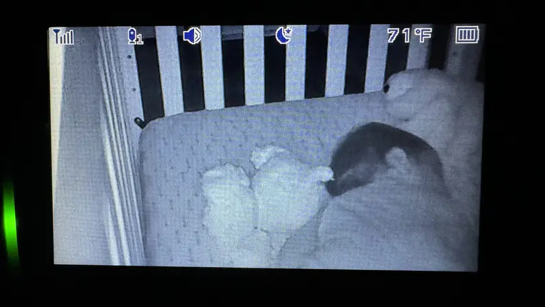 Black and white video footage of sleeping child on the screen of the Infant Optics DXR-8 Pro baby monitor.