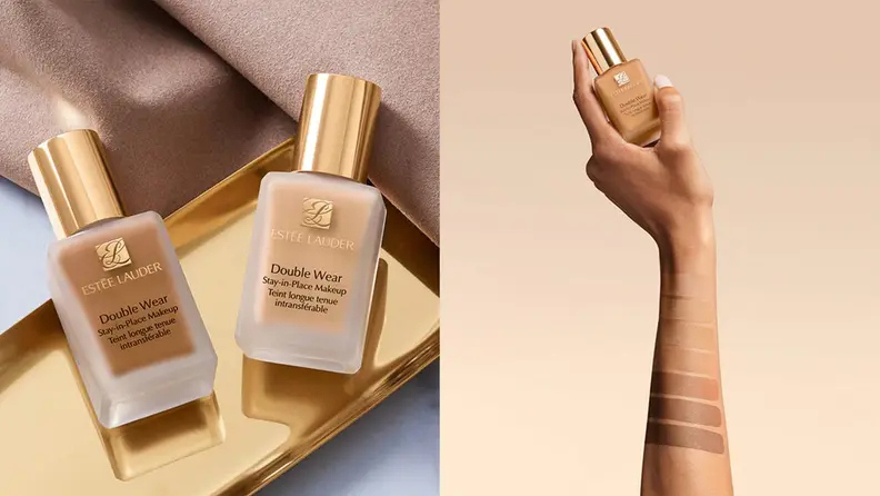 On left, two bottles of foundation from Estée Lauder sitting on gold plate. On right, arm with different skin tone swatches holding up Estée Lauder foundation bottle.