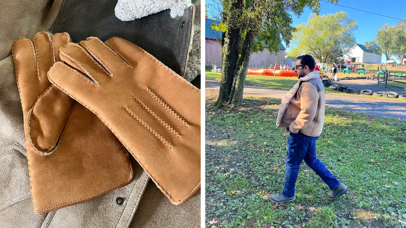 Close-up of a pair of brown shearling gloves laying on top of a Western-style shearling jacket. On the right is a photo of the author walking while wearing the jacket.