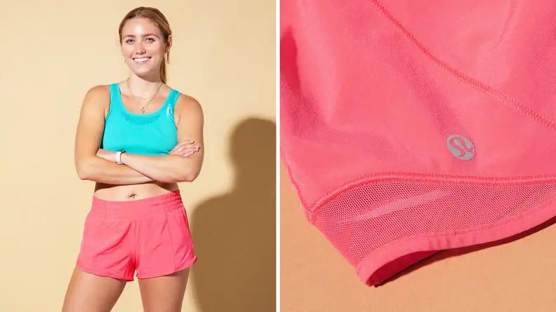 A woman modeling Hotty Hot, close up of shorts.