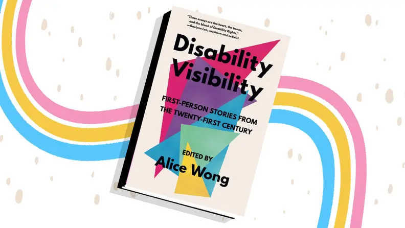 rainbow background with book cover on top of "Disability Visibility: First-Person Stories from the Twenty-First Century"