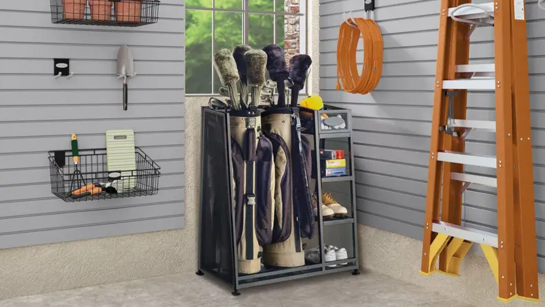 Golf organizer with golf clubs and accessories in a garage