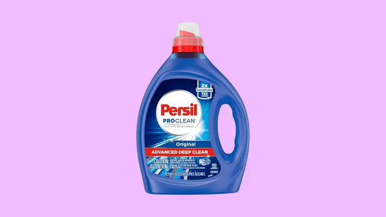 Blue containter of Persil ProClean laundry detergent on a purple background.
