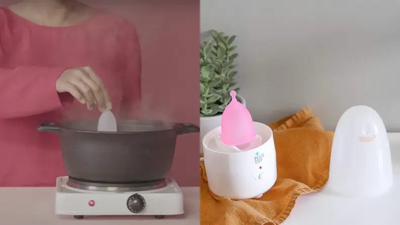 Left: Person in red boiling menstrual cup. Right: Pixie Cup being steamed.