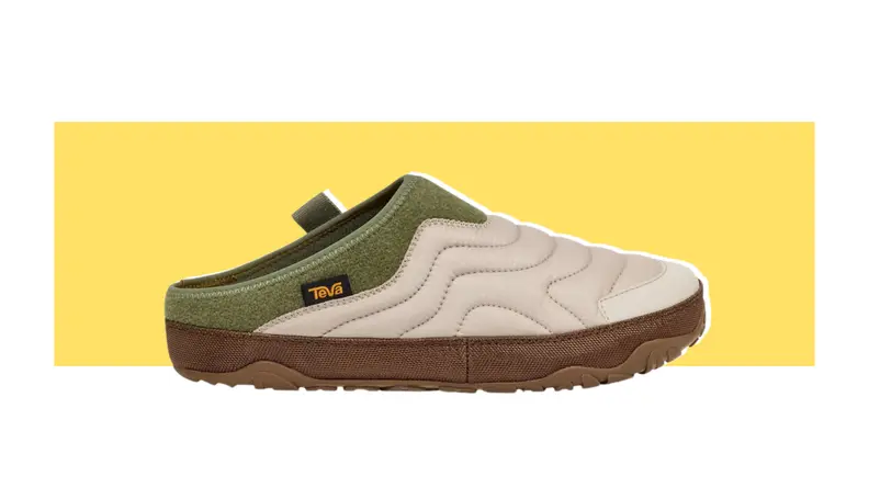 Quilted clogs with green and cream upper and a brown sole.