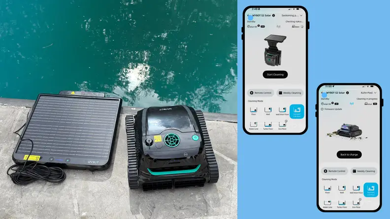The Wybot S2 Vision robotic pool cleaner and solar docking station next to a cloudy pool. Two screenshots of the Wybot app controlling the vacuum.