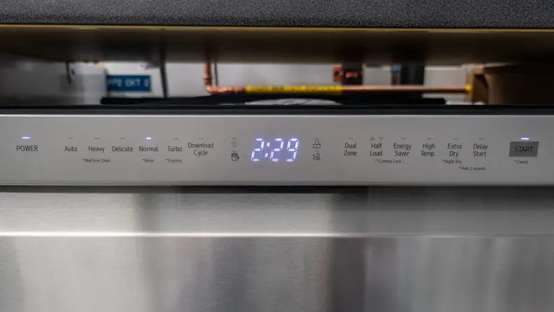 The control panel of an LG dishwasher with a power saving energy saver cycle.