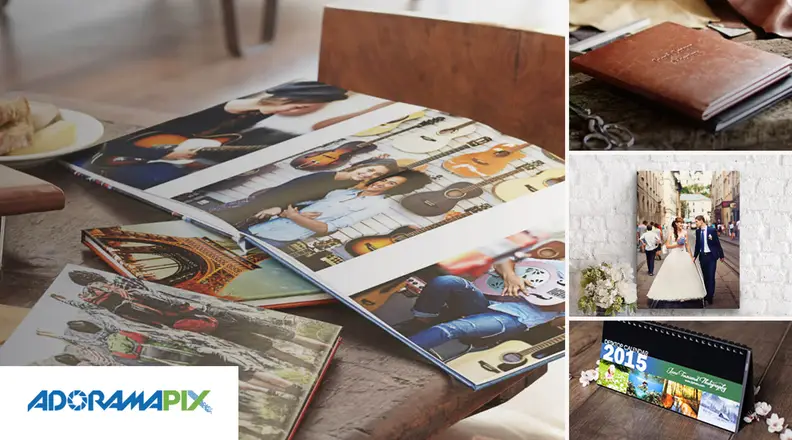 Photos portioned on a book that's open, next to a wedding photo and brown leather book