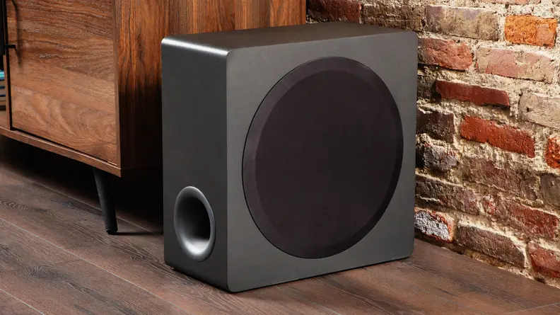 Close up of a speaker on an LG S80QY soundbar.