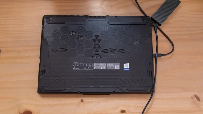 A top-down view of the laptop's bottom