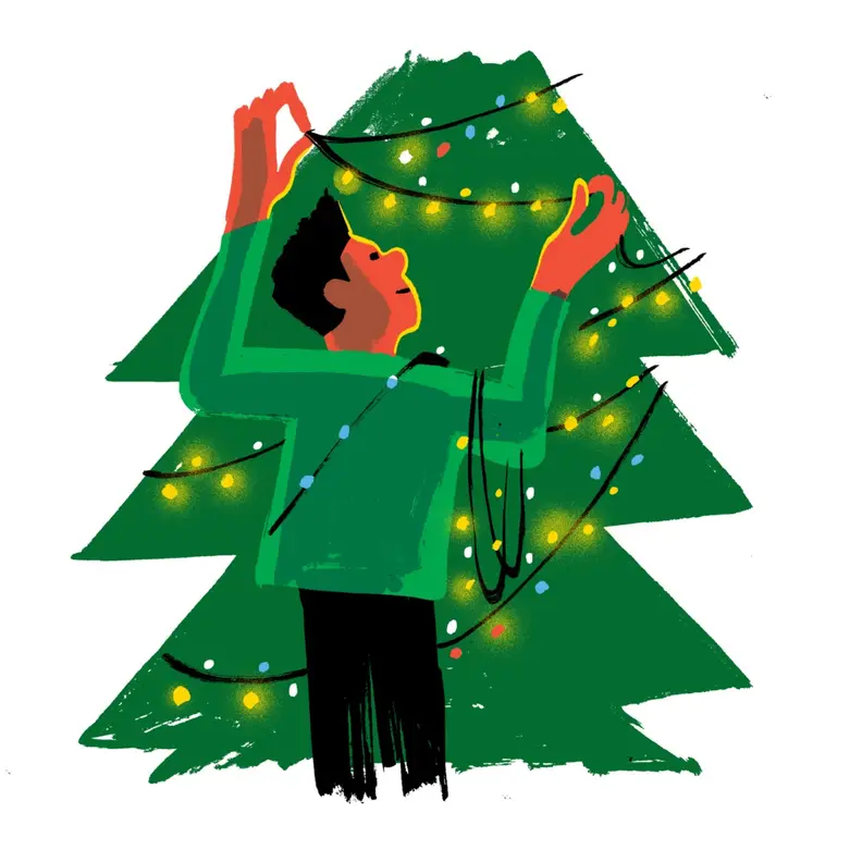 Cartoon graphic of person hanging lit string lights on Christmas tree.