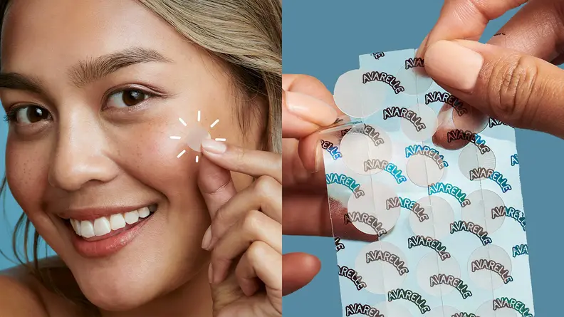 On the left: A model applying a pimple patch to her face. On the right: Two hands are holding a pack of pimple patches.