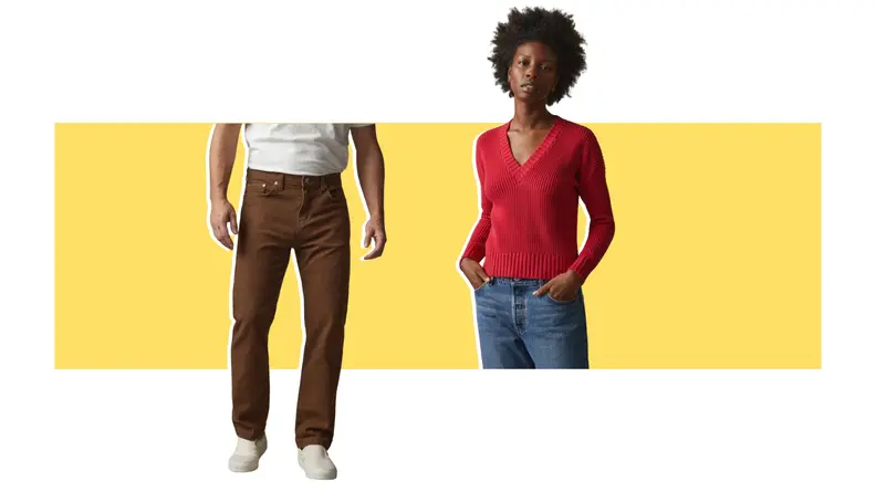 A man wearing brown pants and a model wearing a red T-shirt.