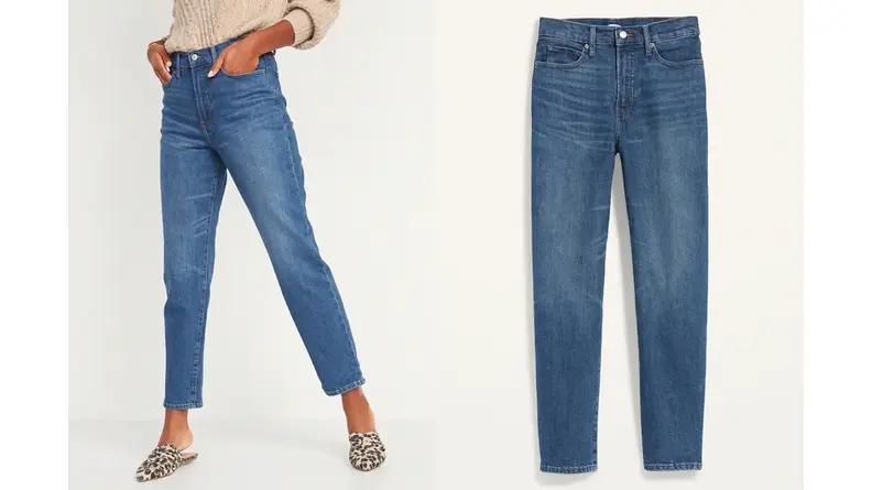 An image of a pair of high-waisted blue jeans on a model alongside a flat lay of the same jeans.