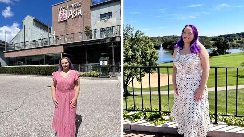 Photograph of a woman wearing a white polka dotted dress, and also a photograph of her wearing a pink polka dotted dress.