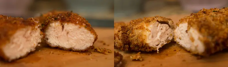 Deep fried on the left, airfried on the right. Note the Airfryer chicken's breading is starting to slough off. It will separate more easily when I sit down to eat.