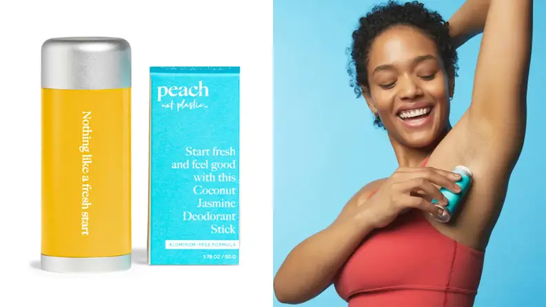 On the left: A yellow refillable deodorant container, On the right: A person raising their arm and applying deodorant to their armpit.