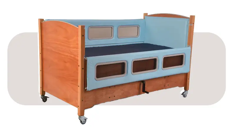 Product shot of the wooden Sleepsafe Bed frame with wheels attached to the bottom.