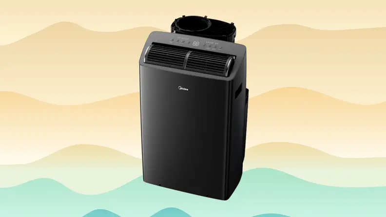 A portable air conditioner on an orange wavy background