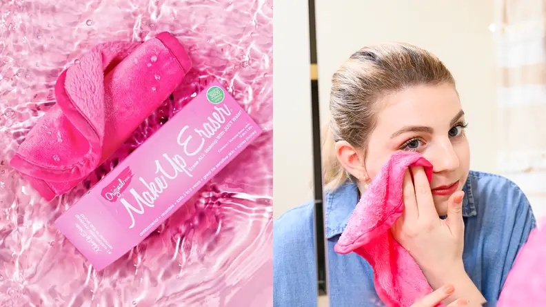On the left: The bright pink Makeup Eraser cloth laying in water. On the right: A person wiping off makeup with a pink cloth.