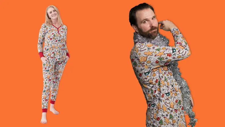 Little Sleepies family pajamas on an orange background.