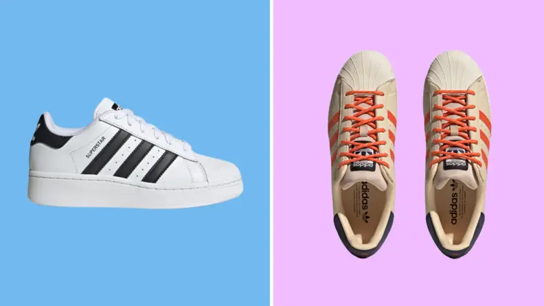 Two pairs of sneakers: On the left is a white Adidas Superstar with black stripes, and on the right is a pair of beige Superstars with orange laces.
