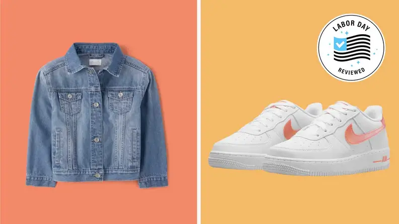 Children's clothing in front of colored backgrounds.