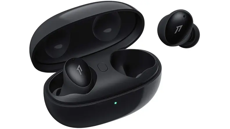 A pair of the 1MORE Colorbuds and charging case on a white background