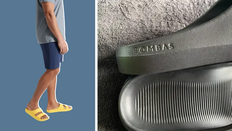 A close-up of the Bombas logo on a pair of sandals, and also a model wearing the same sandals in yellow.