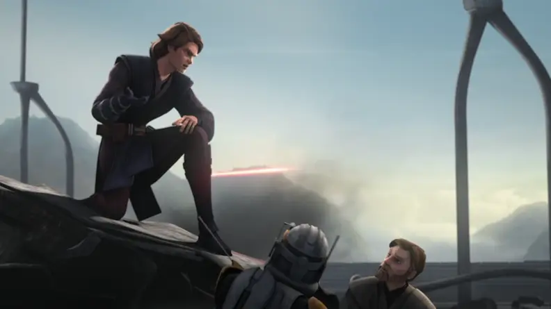 A screenshot from Star Wars: The Clone Wars featuring Anakin staring down at Obi-Wan Kenobi.