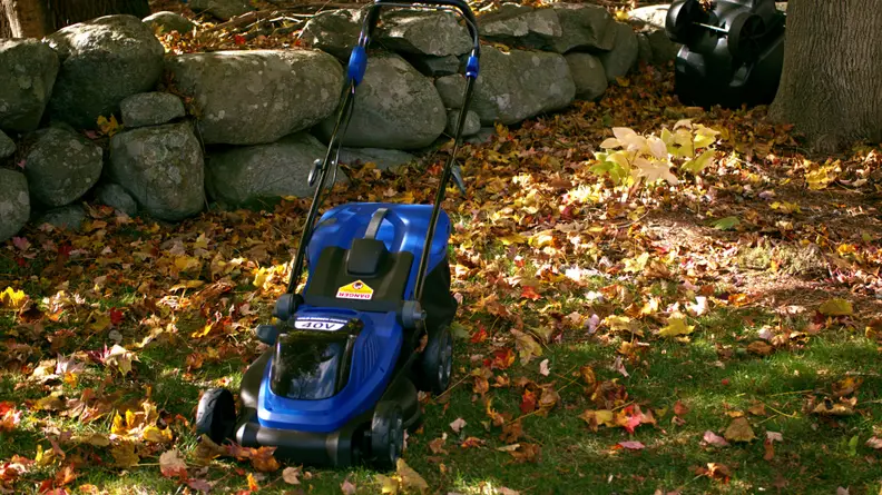 A blue lawn mower sits in a grassy spot
