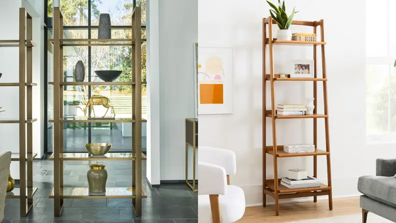 A brass bookcase and a midcentury modern wood bookcase.