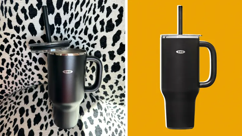 A Oxo Strive Tumbler on animal print and an orange background.