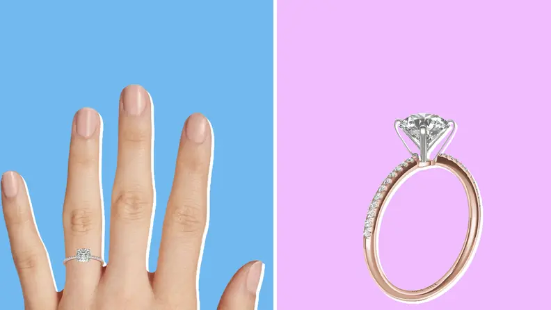 Collage of a photo of a hand wearing an engagement ring from Blue Nile next to a photo of a ring from Blue Nile.
