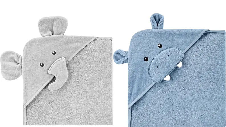 Two hooded towels featuring elephant and hippo designs