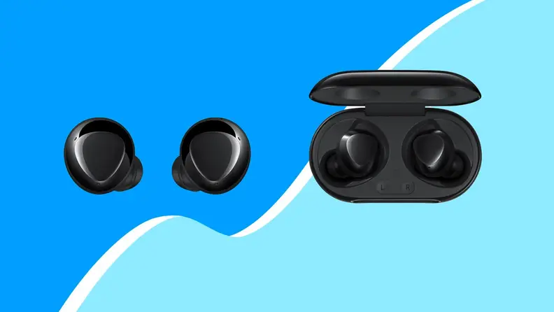 Black earbuds on blue background