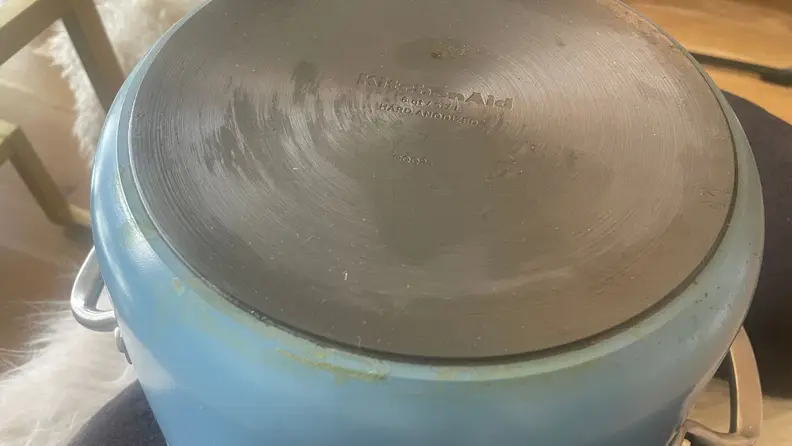 Close-up of the bottom of one of the pans showing discoloration.