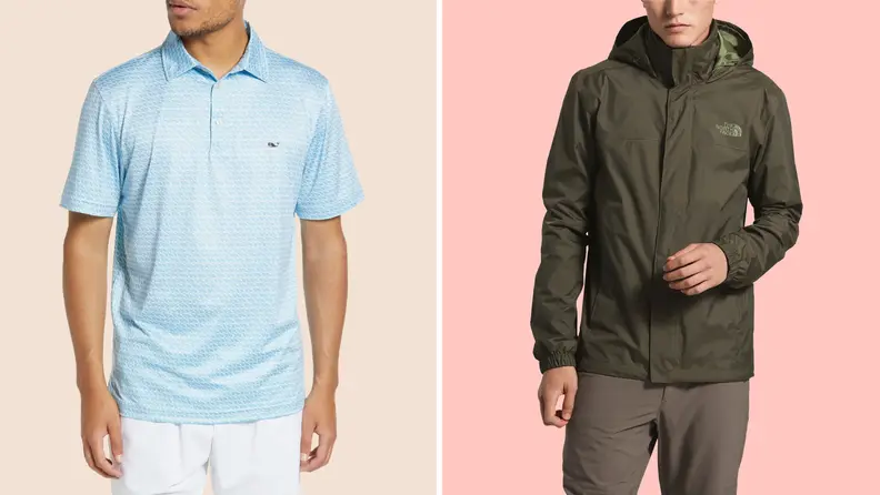 A man wearing a blue and white patterned shirt against a grey background on the left. A man wearing an olive green North Face rain jacket against a pink background on the right.